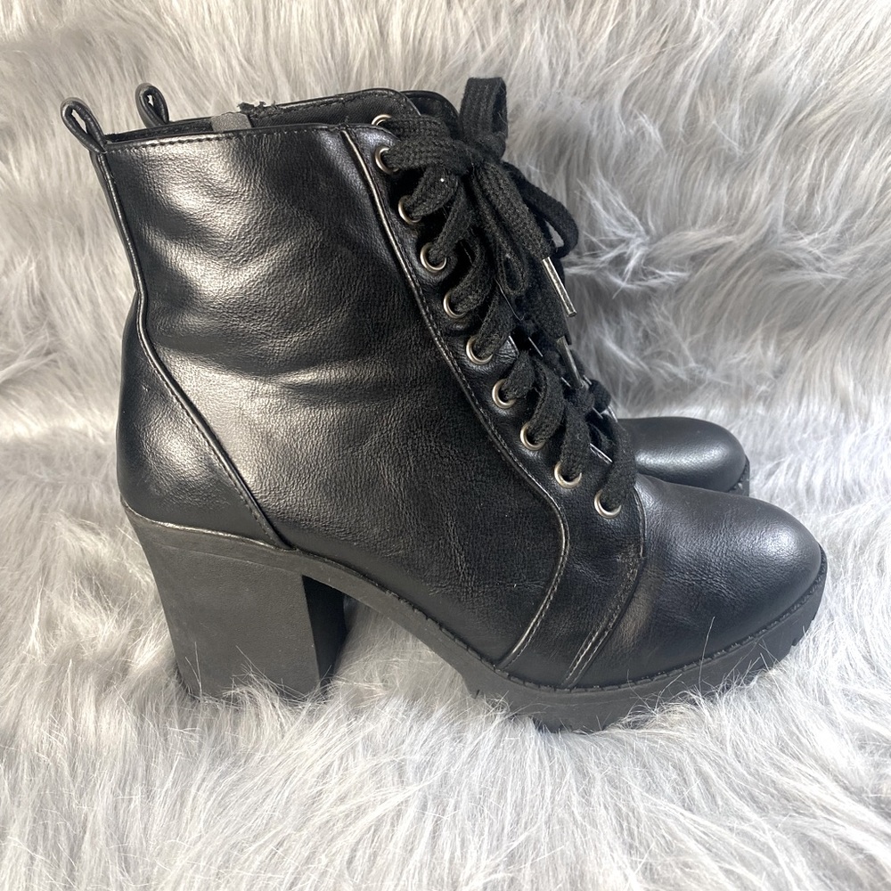 Black Lace-Up Heeled Ankle Boots - Women
